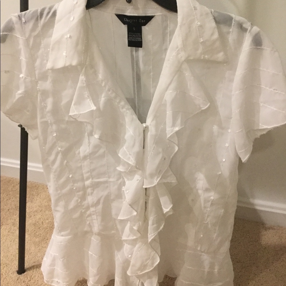 White Glitter Dressy Top W/Pearl Buttons.